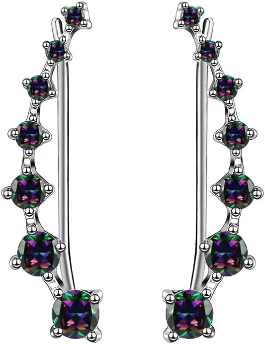 Black Rainbow Multi Color Cubic Zirconia Crawler Climbers Cuff Wrap Diamond 925 Sterling Silver Fashion Stud Pierced Sweep up Earrings for Women 7 Crystal Round CZ Hypoallergenic for Sensitive Ears Jewelry Gifts for Birthday Bff Xmas