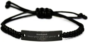 Black Rope Bracelet for Husband - Inspirational Luke 18:1 Prayer Gifts for Him, Birthday, Christmas, Confidence Jewelry