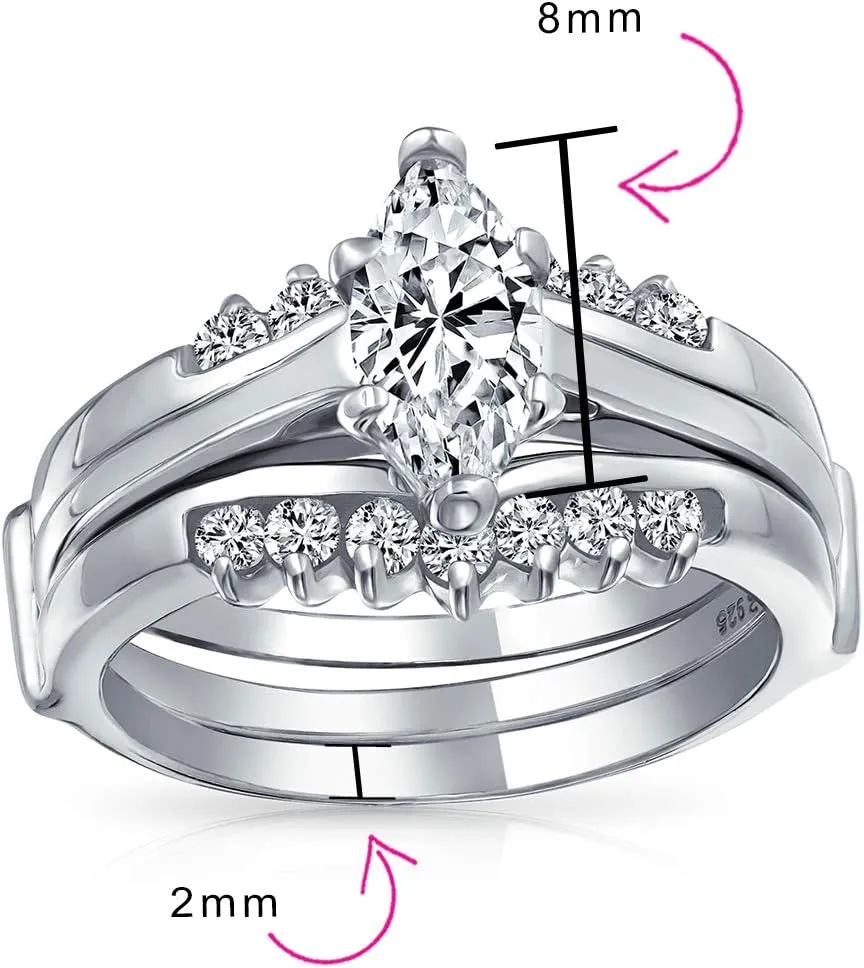 Bling Jewelry Bridal Traditional Cubic Zirconia 2-3 CTW Round Brilliant Cut Solitaire Marquise AAA CZ Band Inset Guard Enhancers Engagement Ring vWedding Ring Set For Women .925 Sterling Silver