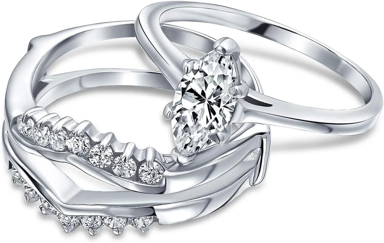 Bling Jewelry Bridal Traditional Cubic Zirconia 2-3 CTW Round Brilliant Cut Solitaire Marquise AAA CZ Band Inset Guard Enhancers Engagement Ring vWedding Ring Set For Women .925 Sterling Silver