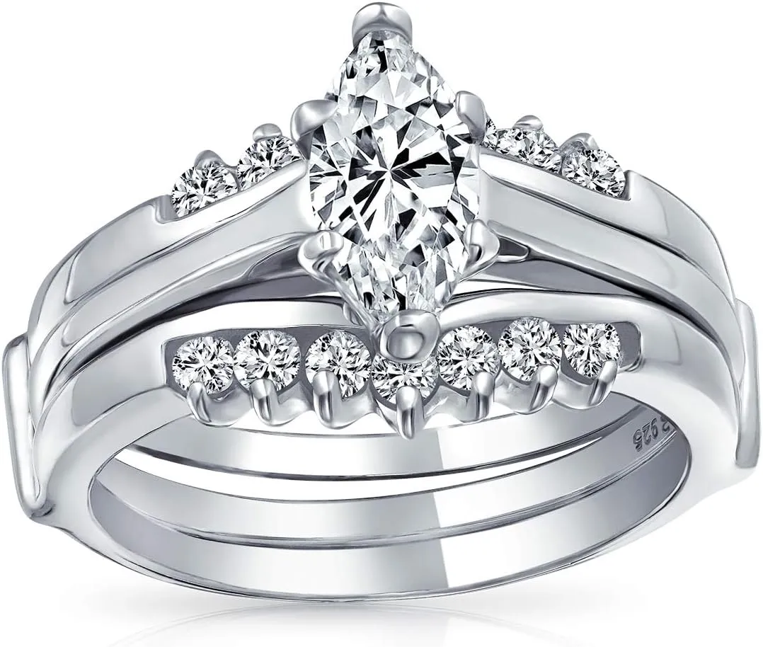 Bling Jewelry Bridal Traditional Cubic Zirconia 2-3 CTW Round Brilliant Cut Solitaire Marquise AAA CZ Band Inset Guard Enhancers Engagement Ring vWedding Ring Set For Women .925 Sterling Silver
