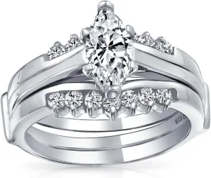 Bling Jewelry Bridal Traditional Cubic Zirconia 2-3 CTW Round Brilliant Cut Solitaire Marquise AAA CZ Band Inset Guard Enhancers Engagement Ring vWedding Ring Set For Women .925 Sterling Silver
