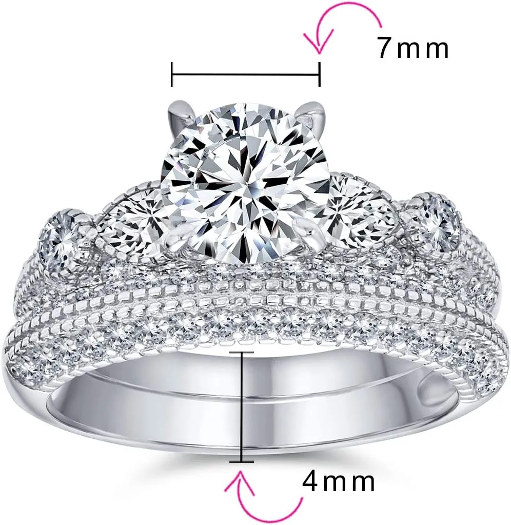 Bling Jewelry Personalize Vintage Art Deco Style Past Present Future Cubic Zirconia 1-3CT Brilliant Cut Round Solitaire 3 Stone CZ Anniversary Engagement Ring Set Band For Women .925 Sterling Silver