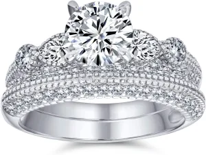 Bling Jewelry Personalize Vintage Art Deco Style Past Present Future Cubic Zirconia 1-3CT Brilliant Cut Round Solitaire 3 Stone CZ Anniversary Engagement Ring Set Band For Women .925 Sterling Silver