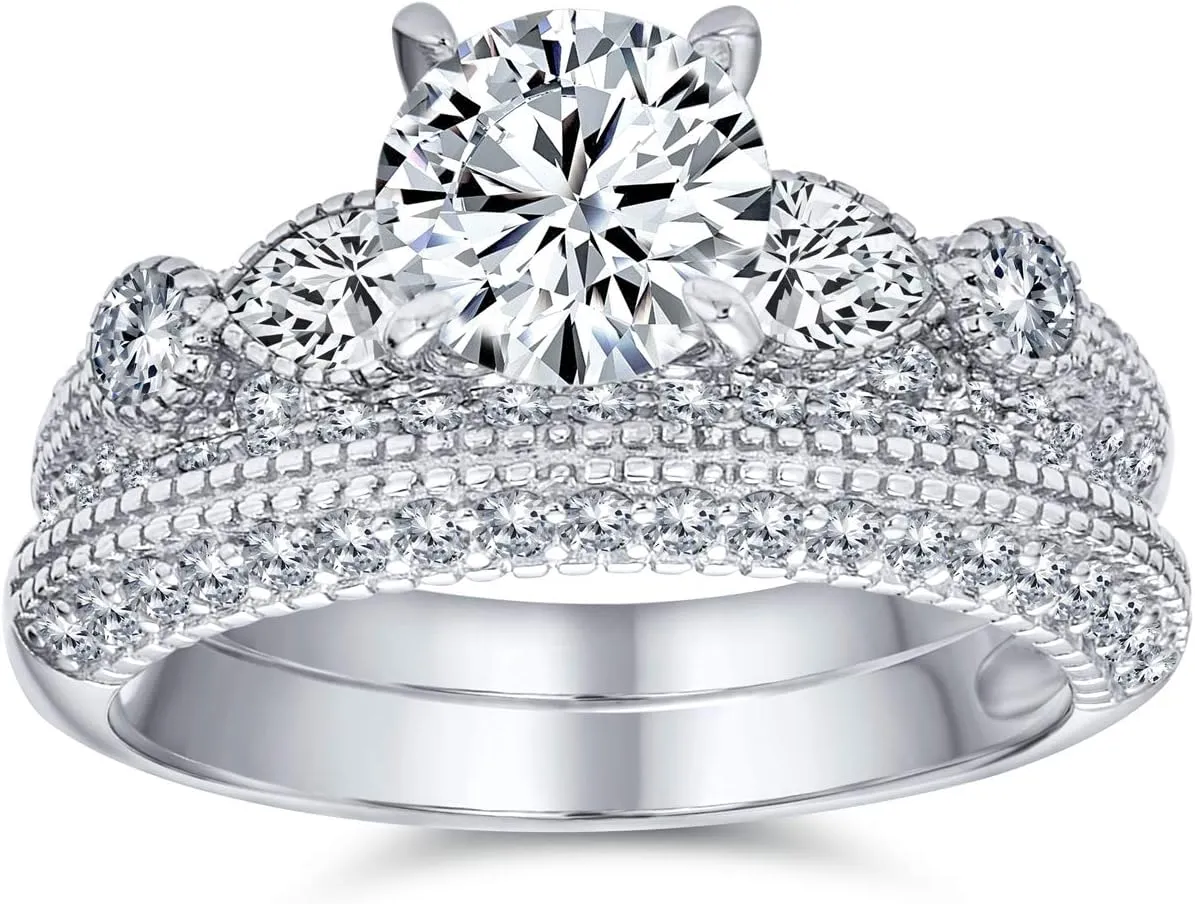Bling Jewelry Personalize Vintage Art Deco Style Past Present Future Cubic Zirconia 1-3CT Brilliant Cut Round Solitaire 3 Stone CZ Anniversary Engagement Ring Set Band For Women .925 Sterling Silver
