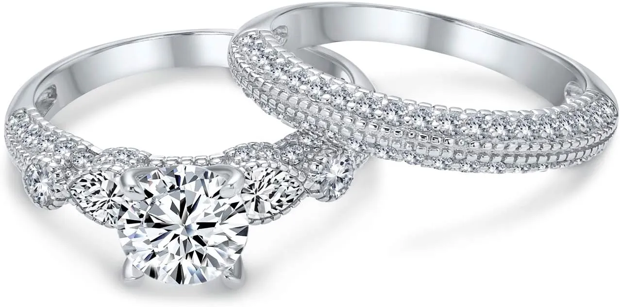 Bling Jewelry Personalize Vintage Art Deco Style Past Present Future Cubic Zirconia 1-3CT Brilliant Cut Round Solitaire 3 Stone CZ Anniversary Engagement Ring Set Band For Women .925 Sterling Silver