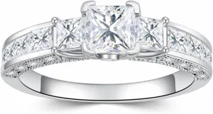 Blocaci 3 Stone Princess Cut Engagement Rings for Women Platinum Plated Silver 1-1/3 Carat(ctw) Moissanite Engagement Ring Vintage Wedding Promise Rings for Her(Size 8.5)