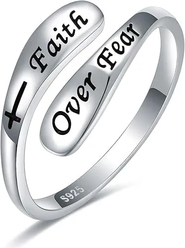 BLUE HOPE 925 Sterling Silver Adjustable Inspirational Ring - Faith Over Fear Jewelry Gift for Women, Encouragement and Motivational Statement Ring