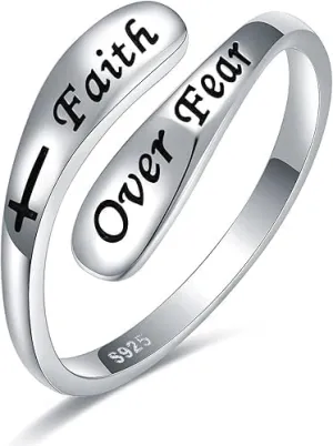BLUE HOPE 925 Sterling Silver Adjustable Inspirational Ring - Faith Over Fear Jewelry Gift for Women, Encouragement and Motivational Statement Ring