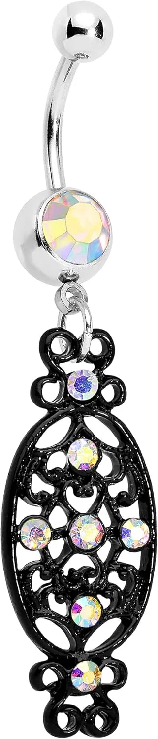 Body Candy Stainless Steel Aurora Accented Black Victorian Design Dangle Belly Ring