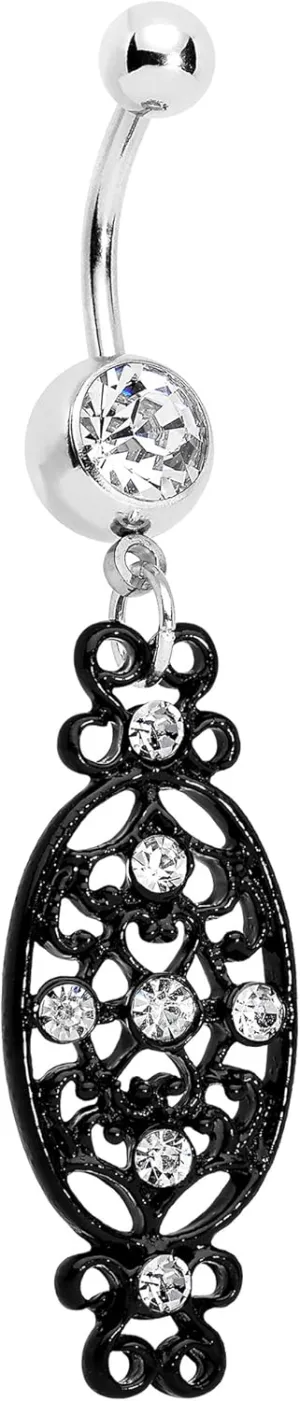 Body Candy Stainless Steel Clear Accented Black Victorian Design Dangle Belly Ring