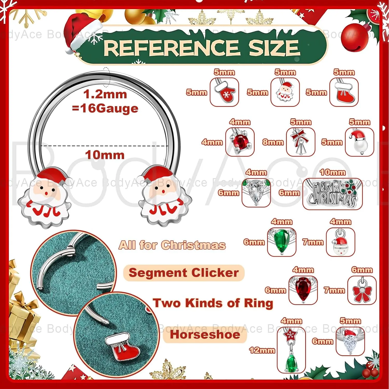 BodyAce Christmas Nose Rings Septum Hoops, 16g Daith Earrings Conch Piercing Tragus Jewelry, Surgical Steel Septum Ring for Women Christmas Nose Hoop