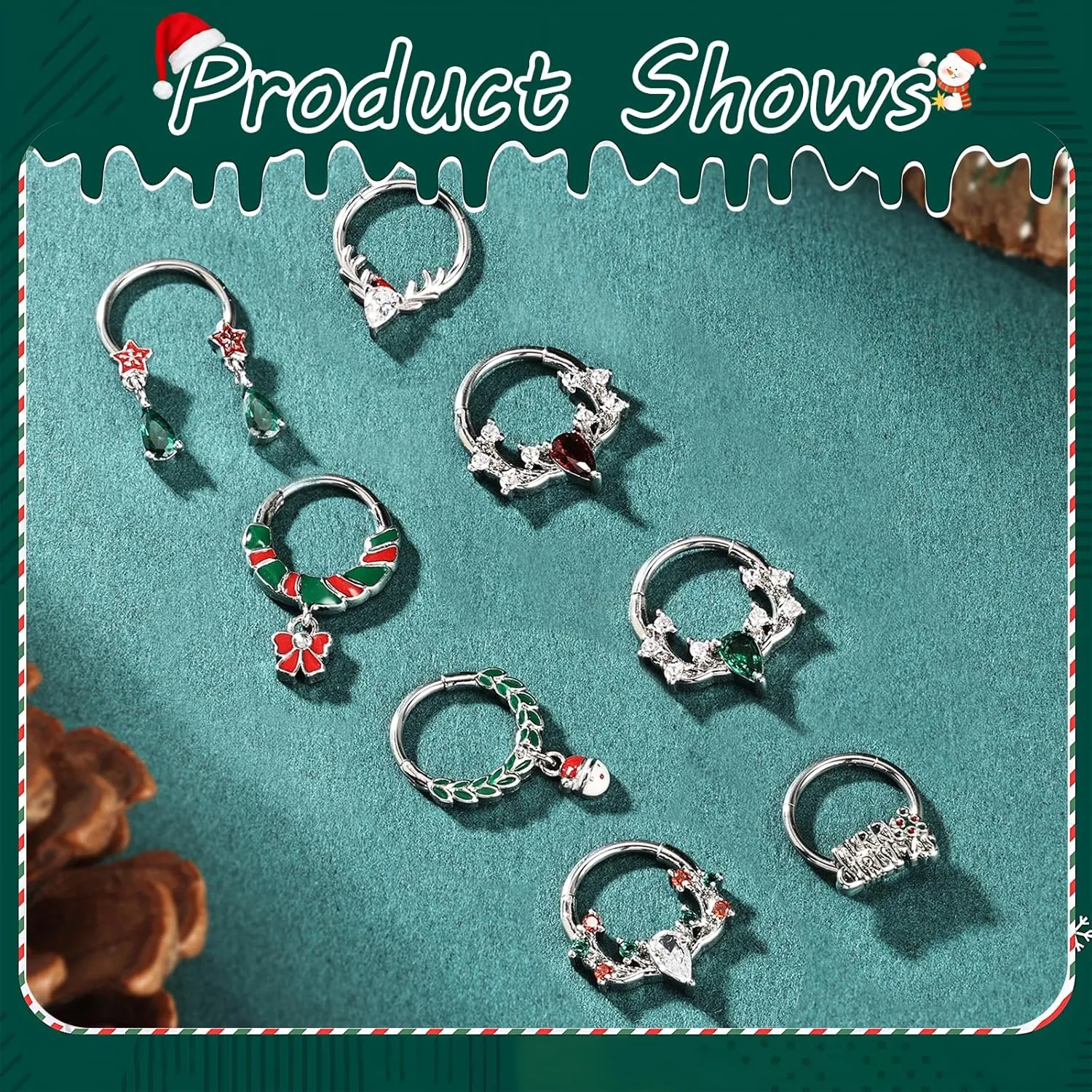 BodyAce Christmas Nose Rings Septum Hoops, 16g Daith Earrings Conch Piercing Tragus Jewelry, Surgical Steel Septum Ring for Women Christmas Nose Hoop