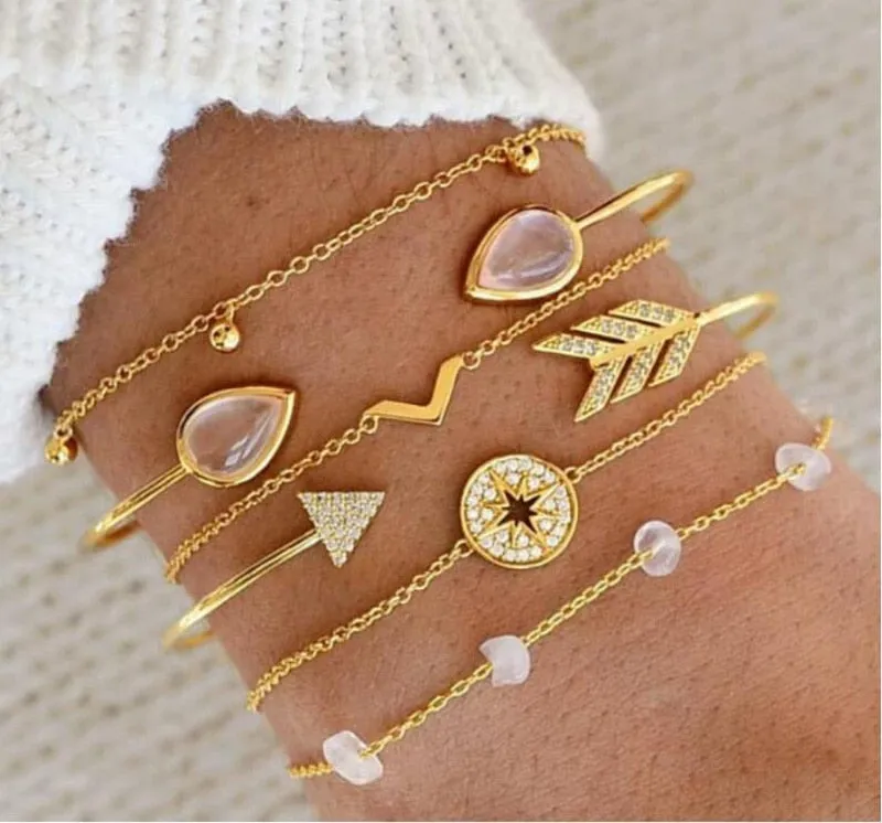 Bohemian Black Rope Chain Bracelet Set For Women aircraft Shell Moon Heart crystal Charm Bangle Boho Jewelry