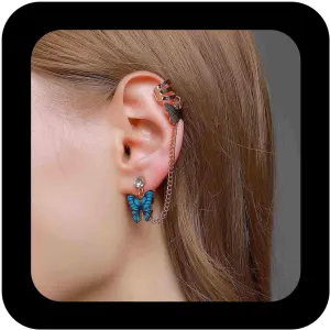 Bohemian Butterfly Cuff Chain Earrings Paved Butterfly Cartilage Cuff Earrings Chain Blue Butterfly Cartilage Earrings Chain Tassel Piercing Studs Earring Gold Helix Chain Earrings Jewelry for Women