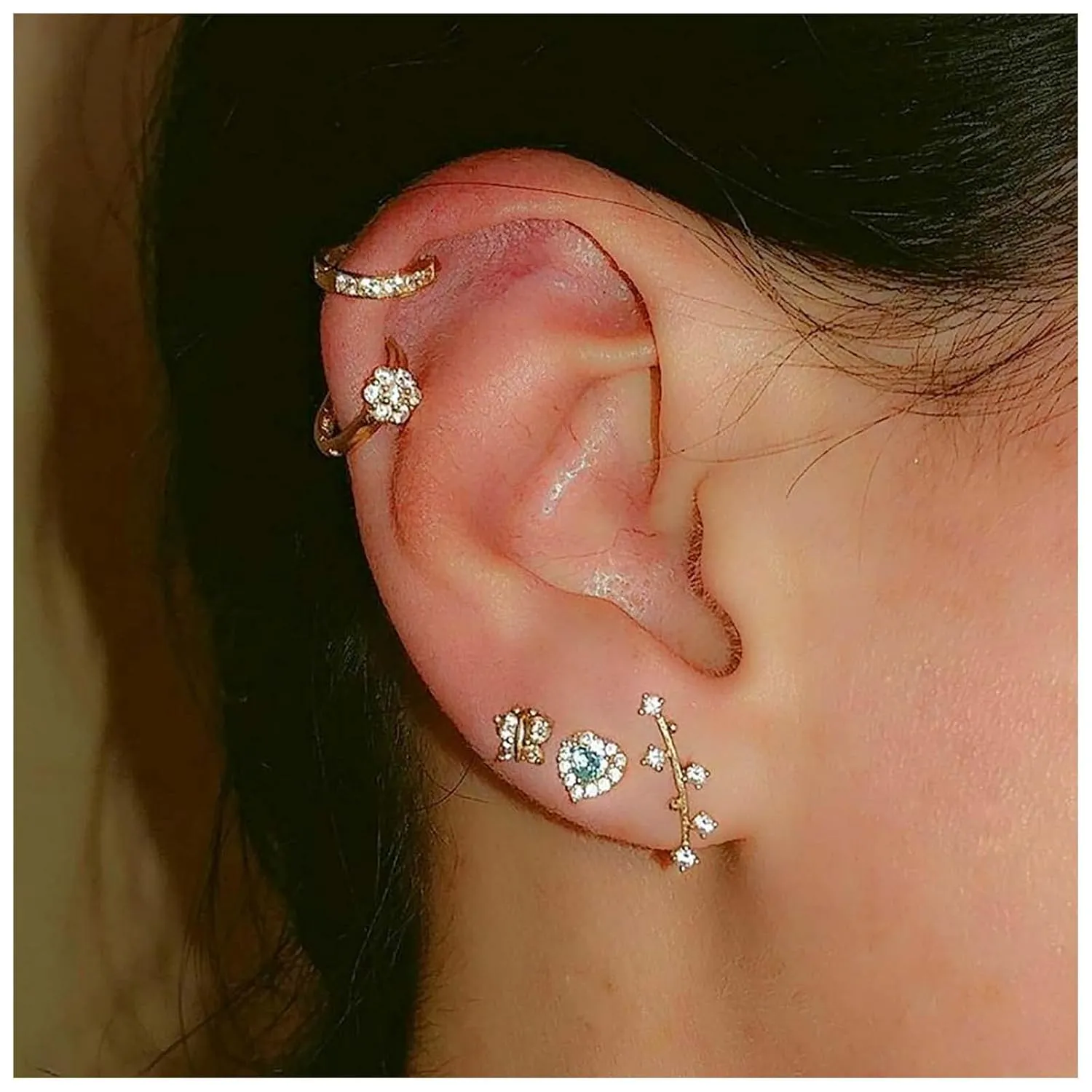 Bohemian Crystal Heart Stud Earrings Cz Flower Ear Cuff Earrings Paved Butterfly Earrings Gold Rhinestone Cartilage Cuff Earrings Branch Cz Climber Earrings Set Jewelry for Women and Girls