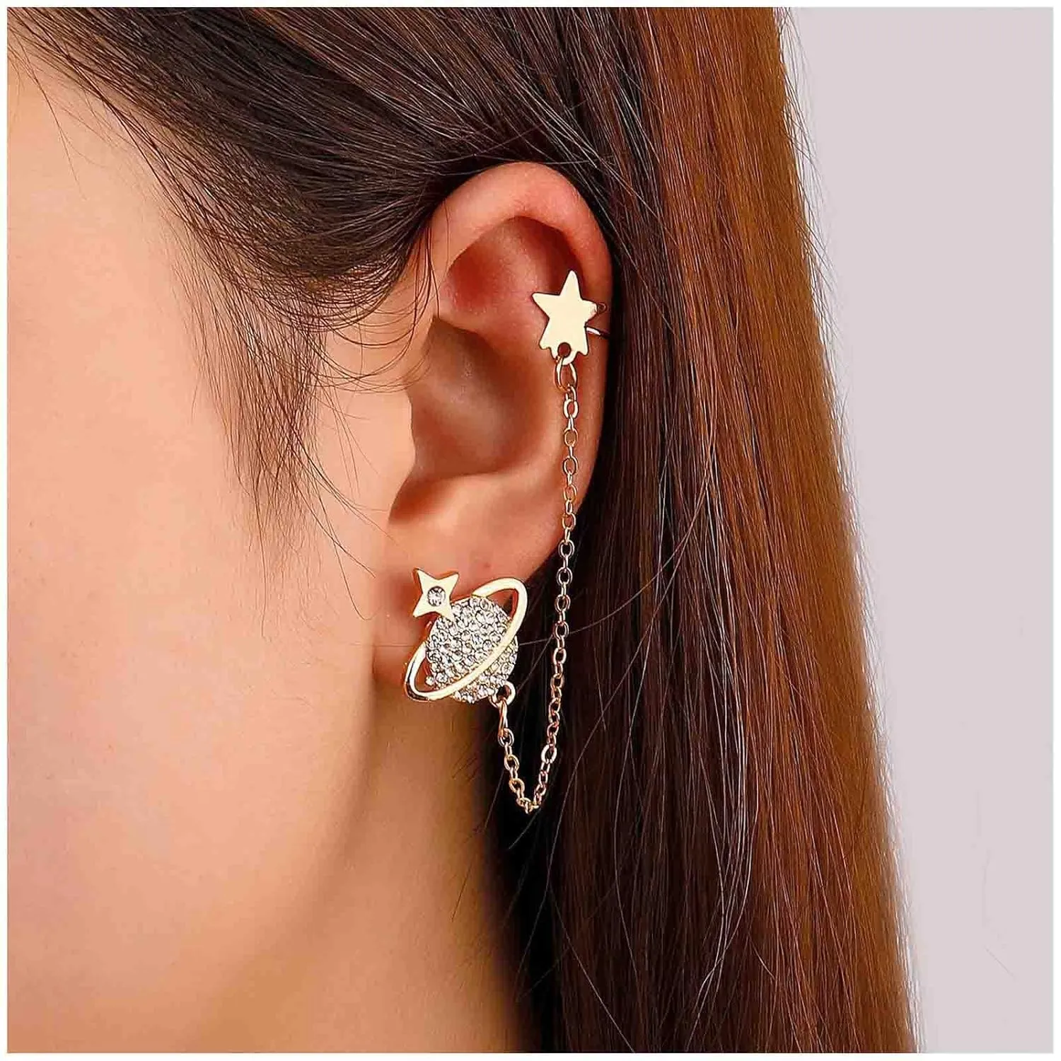 Bohemian Crystal Star Saturn Cartilage Chain Earrings Paved Planet Cuff Chain Earrings Star Tassel Chain Earring Gold Rhinestone Helix Chain Earrings Piercing Star Chain Wrap Earrings