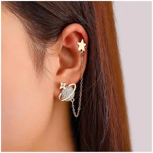 Bohemian Crystal Star Saturn Cartilage Chain Earrings Paved Planet Cuff Chain Earrings Star Tassel Chain Earring Gold Rhinestone Helix Chain Earrings Piercing Star Chain Wrap Earrings