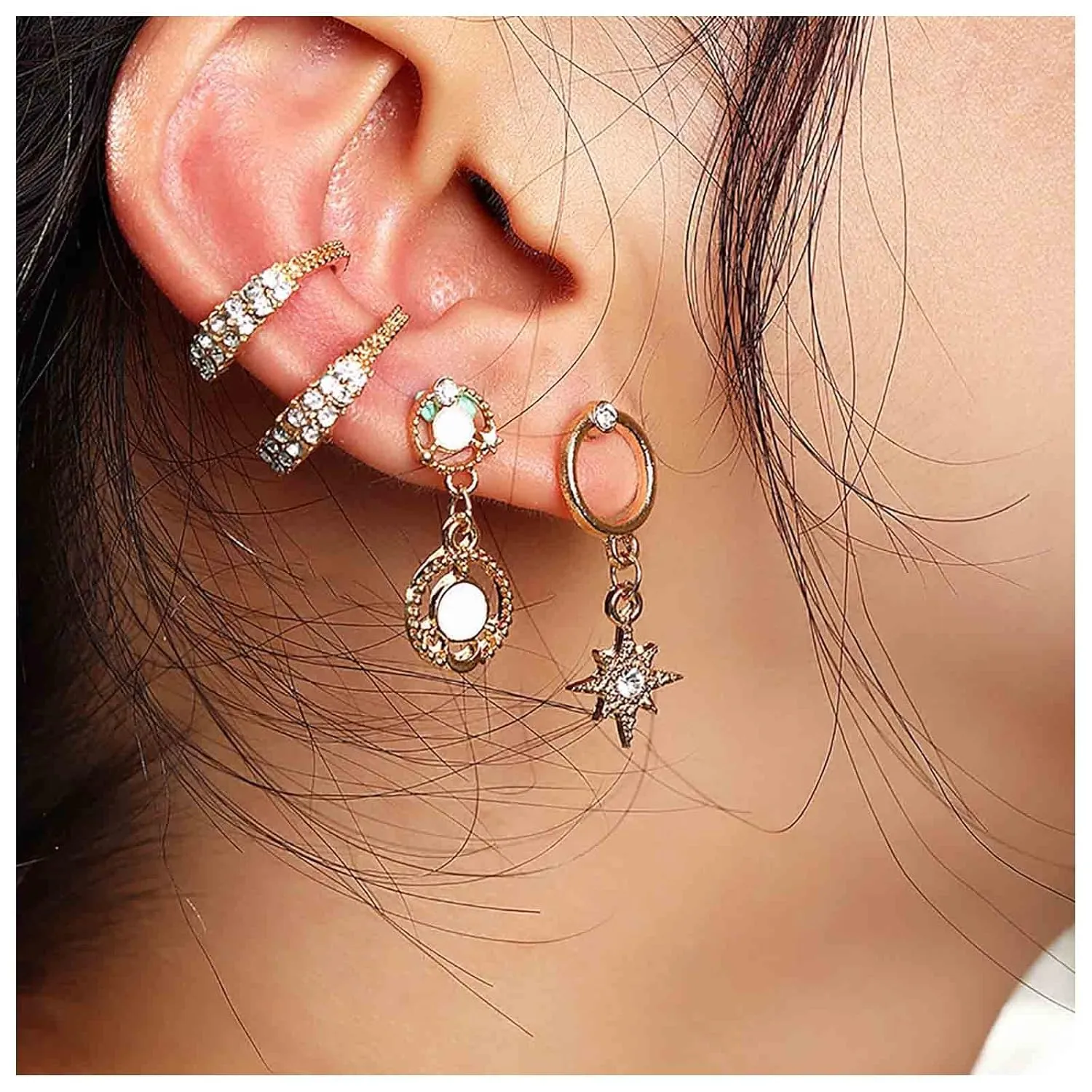 Bohemian Cz Northstar Dangle Earrings Crystal Ear Cuff Earrings Rhinestone Circle Earrings Round Circle Stud Earrings Set Jewelry for Women and Girls