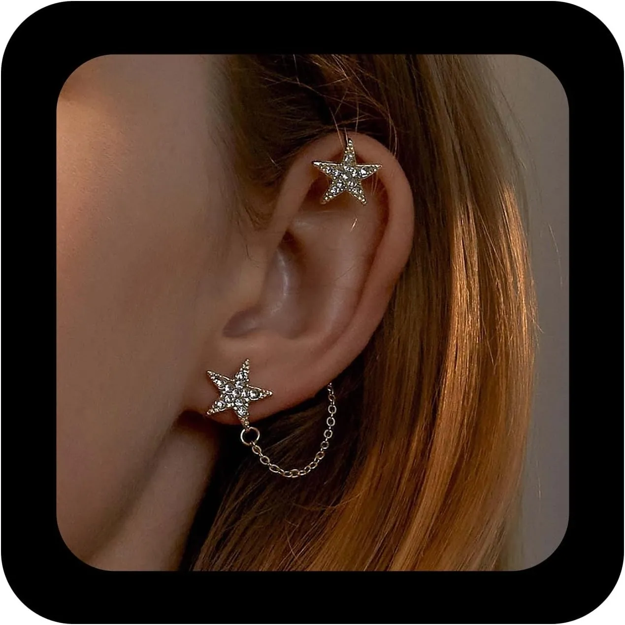 Bohemian Star Ear Cuff Earrings Crystal Star Wrap Earrings Cz Star Ear Crawler Earrings Star Cartilage Chain Earrings Gold Rhinestone Star Studs Earrings Jewelry for Women