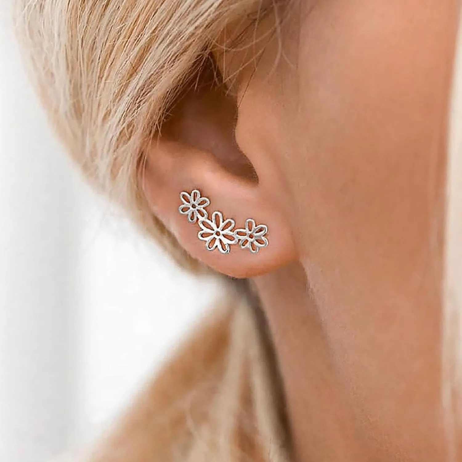 Boho Hollow Flower Ear Climber Earrings Gold Flower Crawler Earrings Tiny Filigree Flower Stud Earrings Minimalist Flower Earrings Jewelry for Women