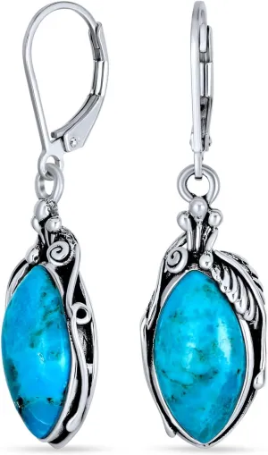 Boho Native American Style Marquise Shaped Gemstone Stabilized Blue Turquoise Coral Leaf Feather Dangling Earrings Western Jewelry For Women Teens Lever Back Oxidized .925 Sterling Silver