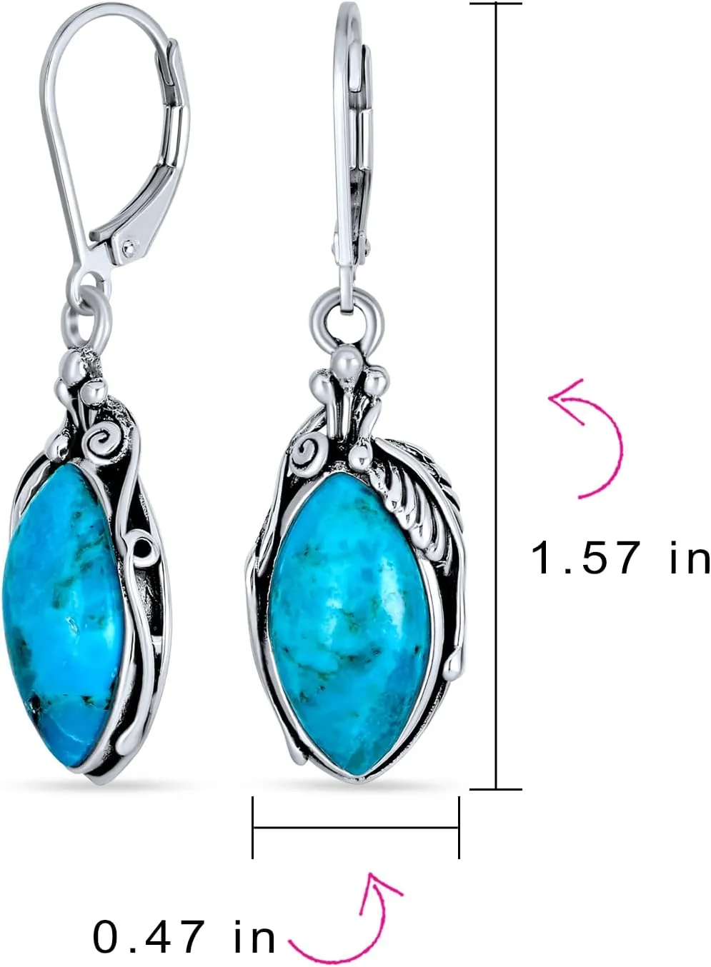 Boho Native American Style Marquise Shaped Gemstone Stabilized Blue Turquoise Coral Leaf Feather Dangling Earrings Western Jewelry For Women Teens Lever Back Oxidized .925 Sterling Silver