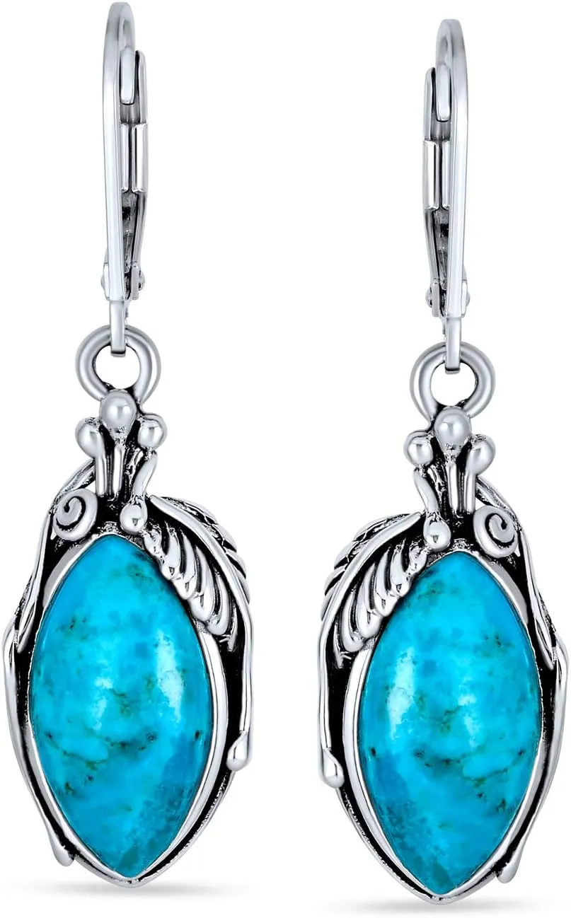 Boho Native American Style Marquise Shaped Gemstone Stabilized Blue Turquoise Coral Leaf Feather Dangling Earrings Western Jewelry For Women Teens Lever Back Oxidized .925 Sterling Silver