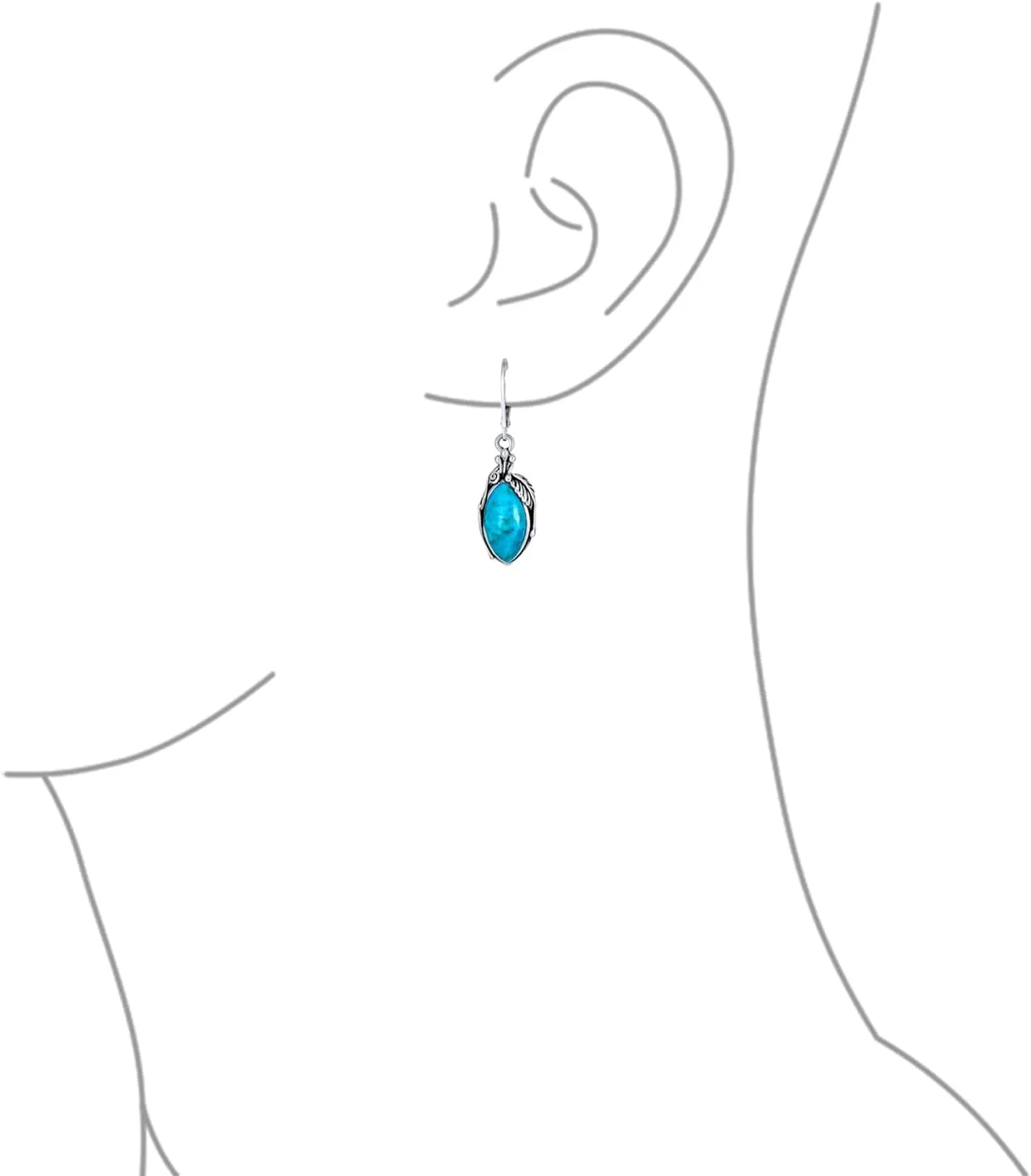 Boho Native American Style Marquise Shaped Gemstone Stabilized Blue Turquoise Coral Leaf Feather Dangling Earrings Western Jewelry For Women Teens Lever Back Oxidized .925 Sterling Silver