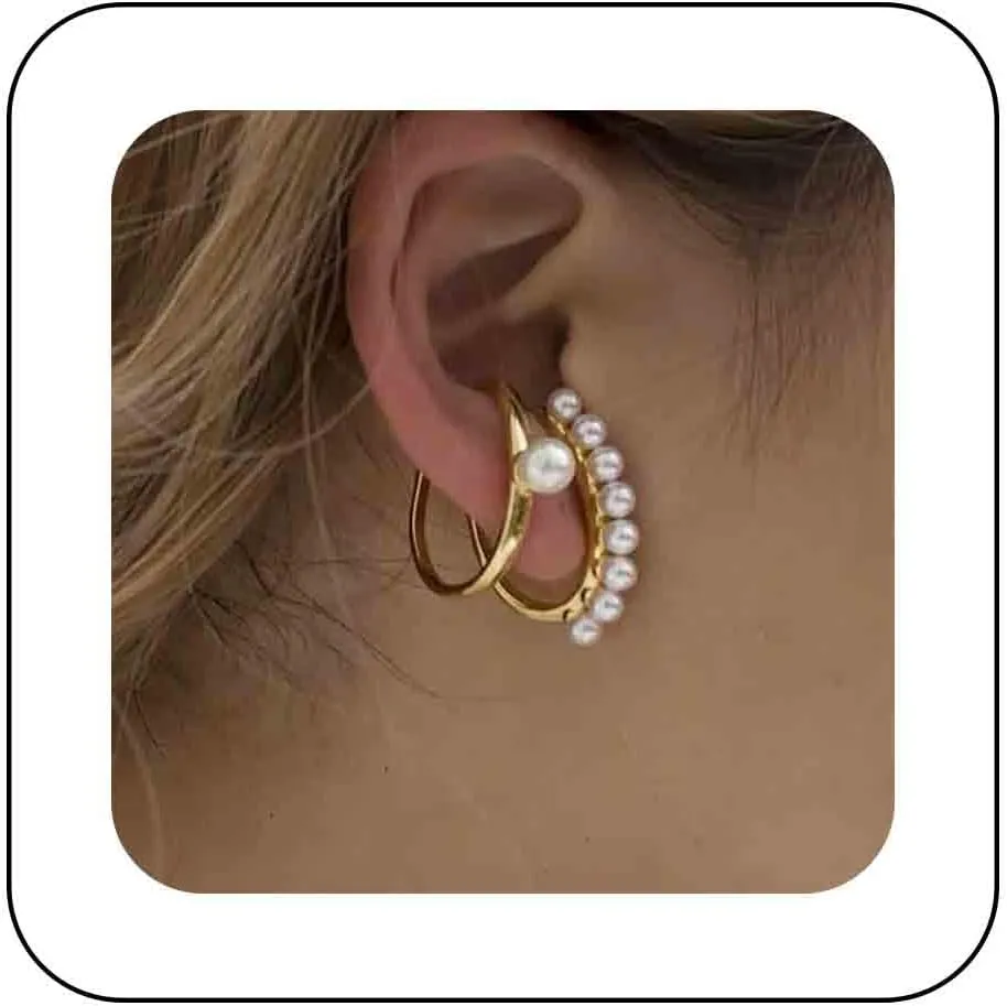 Boho Pearl Hoop Earrings Gold Pearl Huggie Earrings Pearl C Shape Earrings Vintage Circle Pearl Studs Earrings Jewelry for Women
