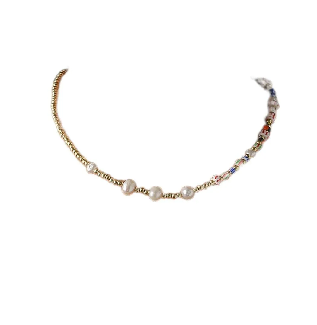 Boho Rainbow Beaded Choker Necklace Gold Pearl Necklaces Short Handmade Adjustable Clavicle Chain Summer Beach Jewelry for Women and Girls