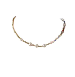 Boho Rainbow Beaded Choker Necklace Gold Pearl Necklaces Short Handmade Adjustable Clavicle Chain Summer Beach Jewelry for Women and Girls
