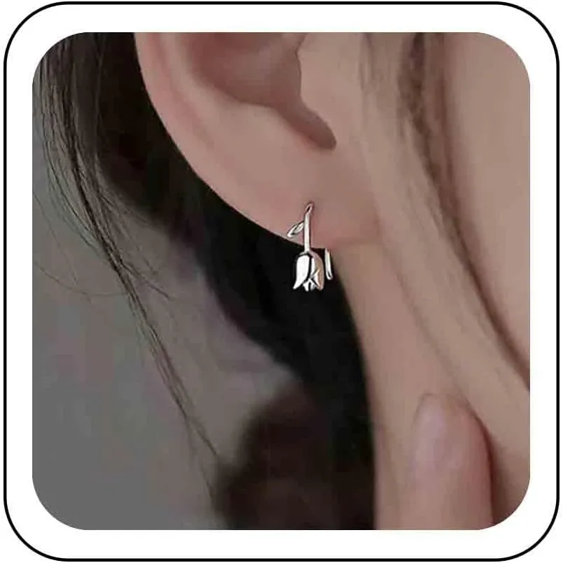 Boho Tiny Tulip Flower Earrings Metal Tulip Flower Ear Climber Earrings Silver Floral Stud Earrings Small Tulip Crawler Earrings Minimalist Rose Tulip Earrings Jewelry for Women