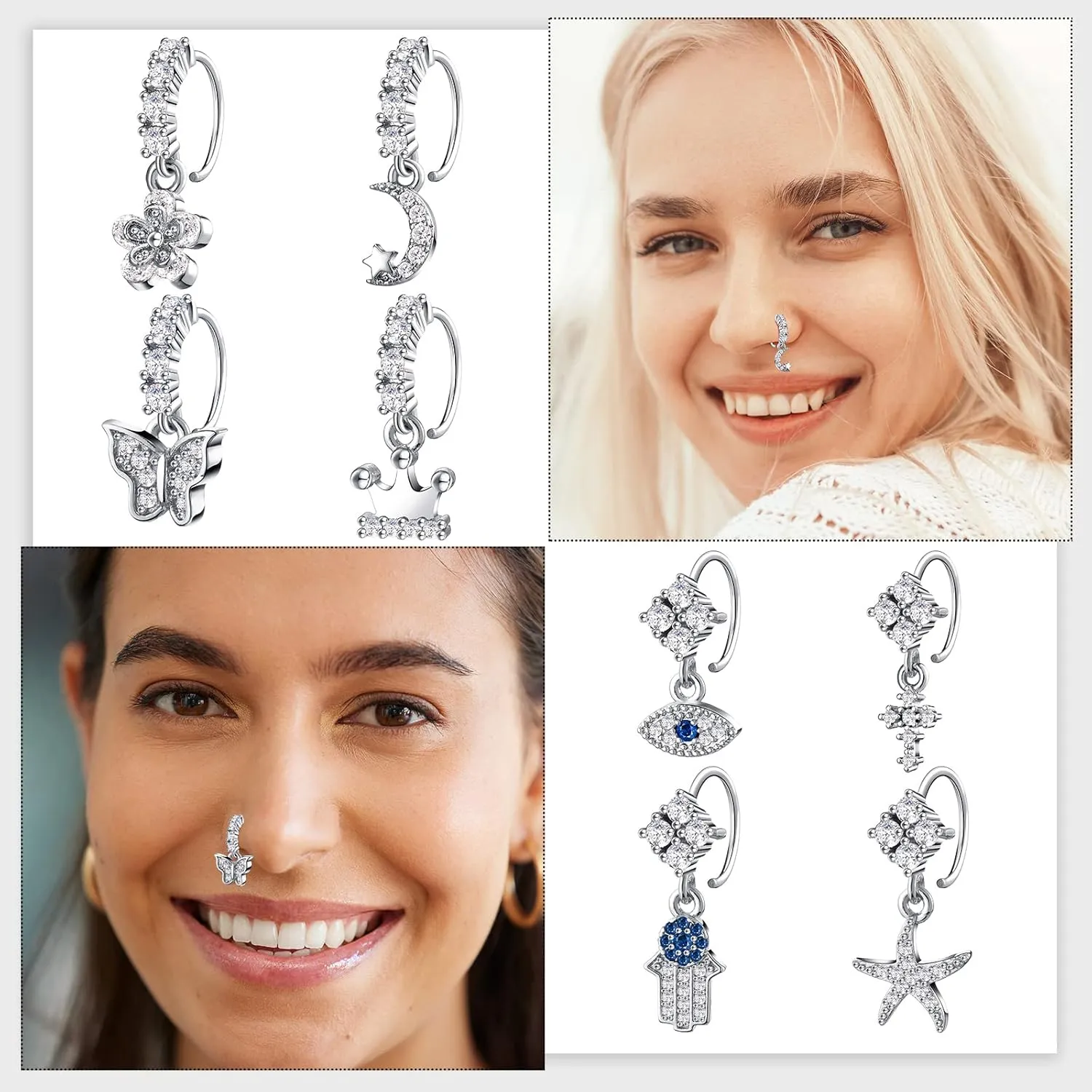 Bonuci 24 Pcs Dangle Nose Rings Hoops 20g Heart Star Moon Flower Cute Nose Piercing Hoop Jewelry Cartilage Earring for Women