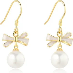 Bow Pearl Earrings for Women Sterling Silver Glitter Jewelry 8mm Imitation Pearls Drop Earings Teacher Office Lady Valentine's Day Gift