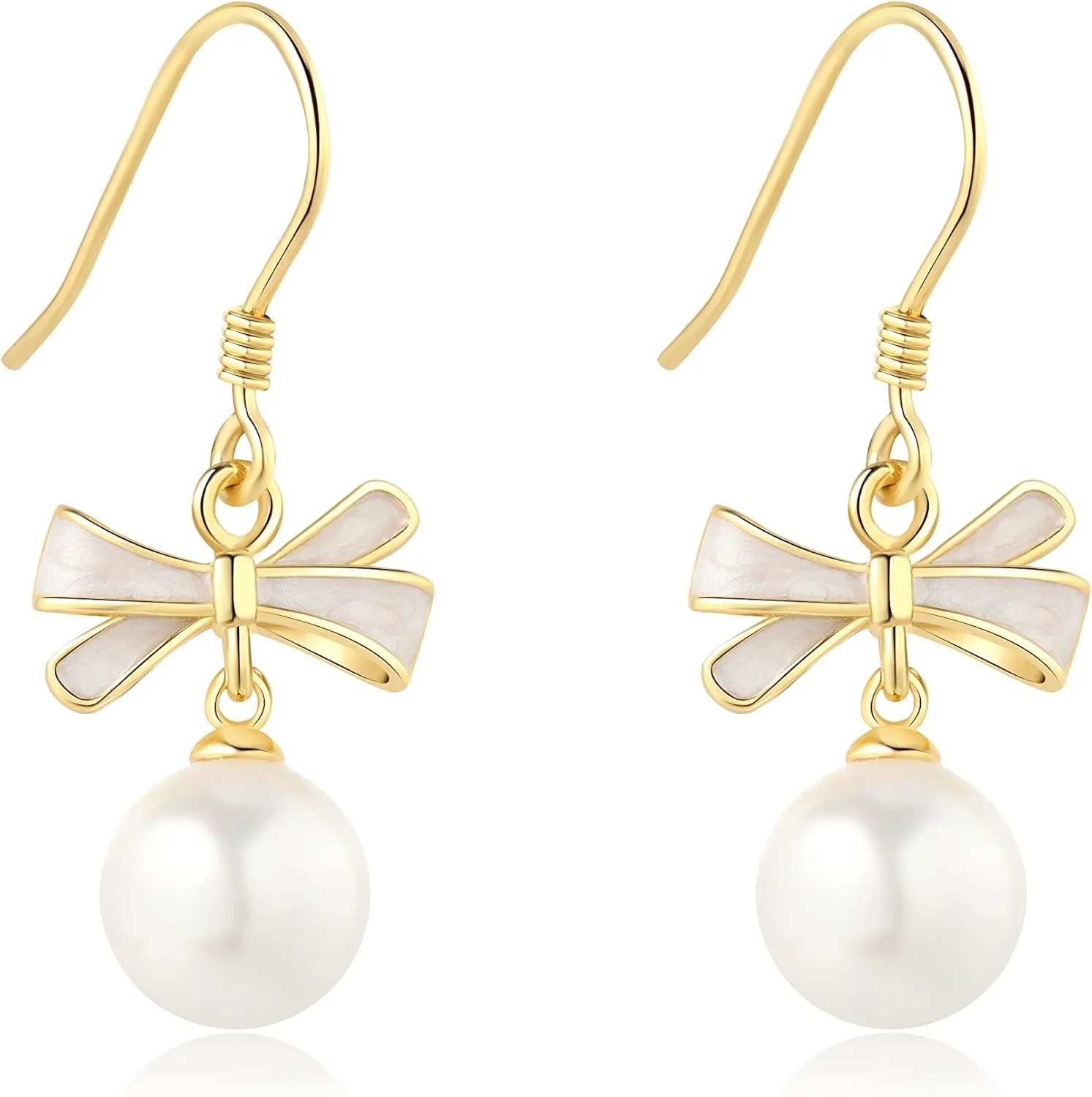 Bow Pearl Earrings for Women Sterling Silver Glitter Jewelry 8mm Imitation Pearls Drop Earings Teacher Office Lady Valentine's Day Gift