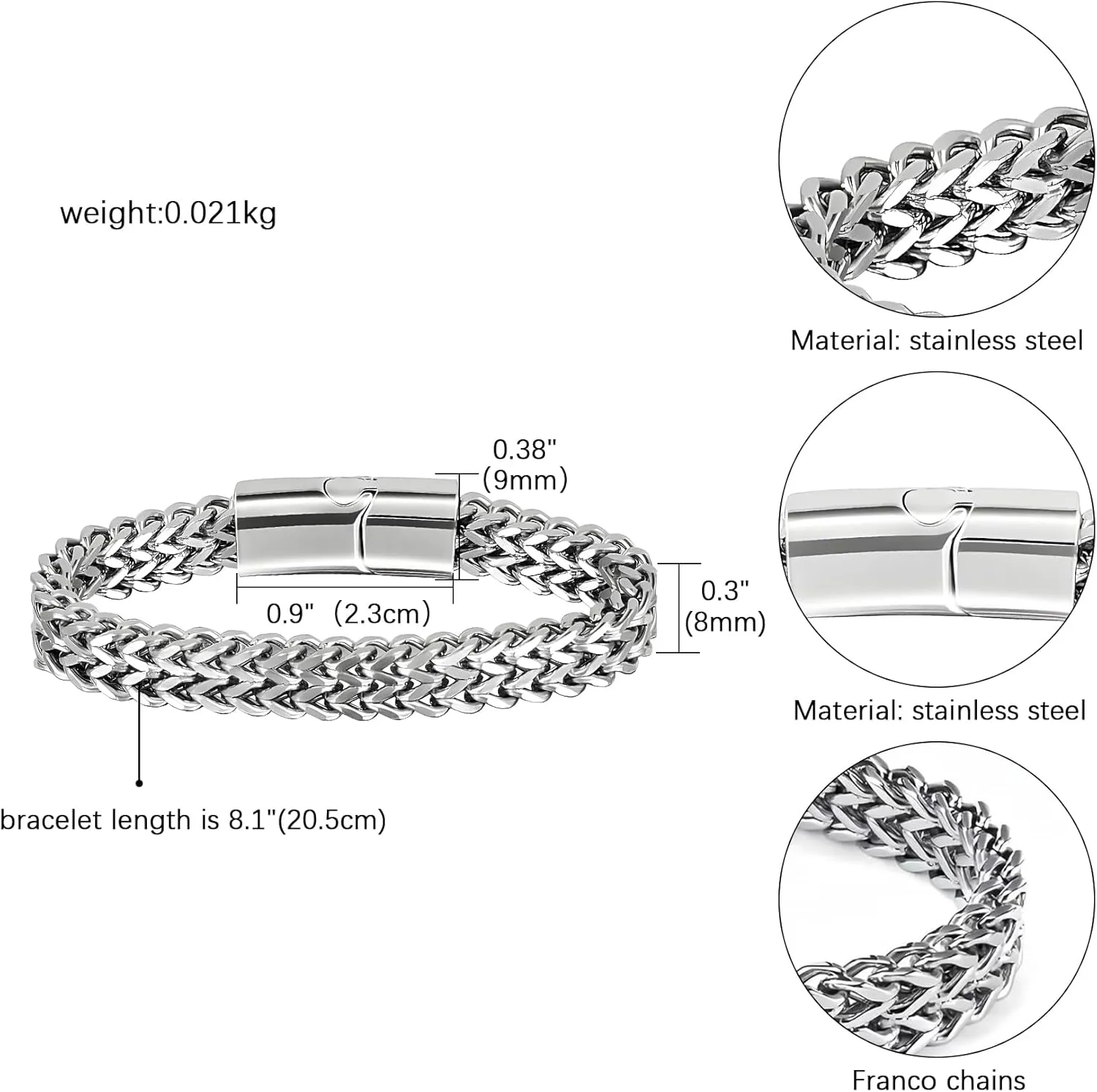 Bracelets for Men Stainless Steel Bracelet 6.5 mm Width Franco Chain Fashion Cool Link Chain Bracelet for Father Son Friend - Silver Black