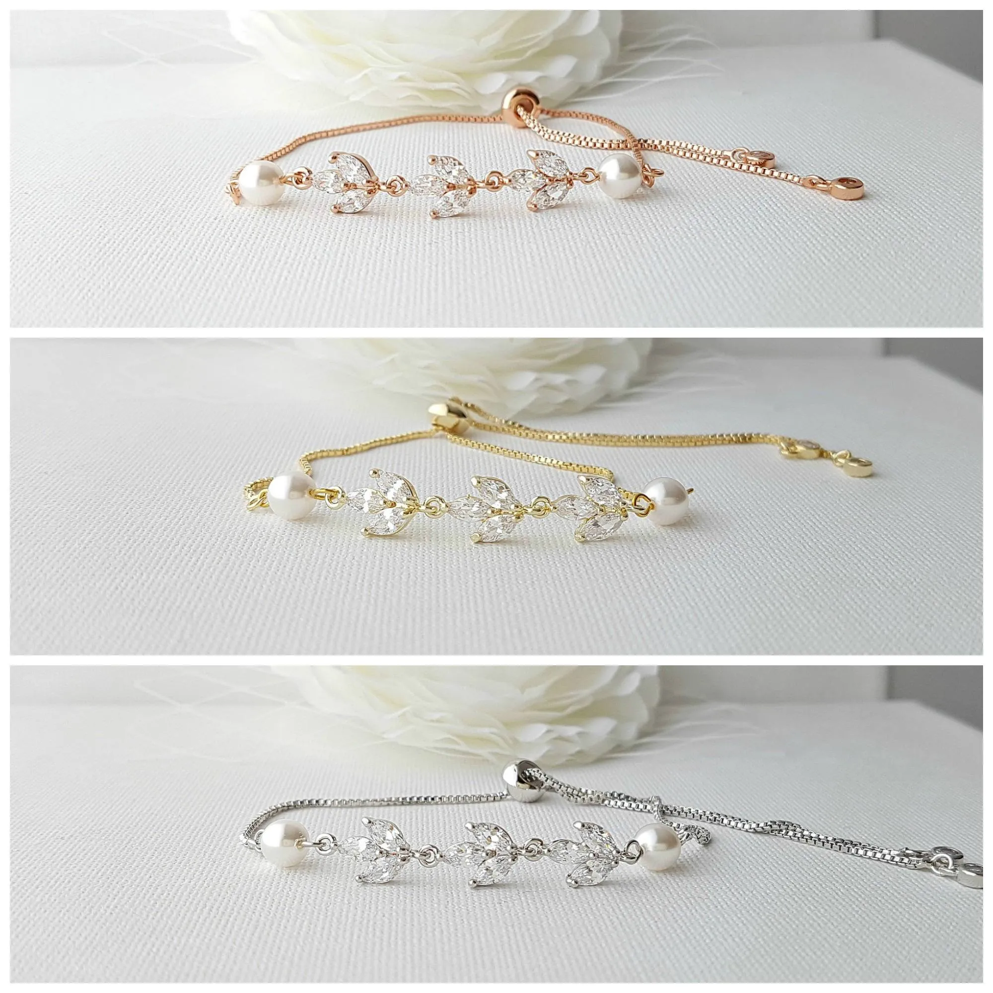 Bridal Bracelet in Rose Gold With CZ & Pearl-Leila