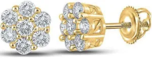 Brilliant Iced Cz 14K Yellow Gold Plated Sterling Silver Round Men's Women Elegant Flower Cluster Cz Unisex Circle Stud Hip Hop Hypoallergenic Screw Back Earrings