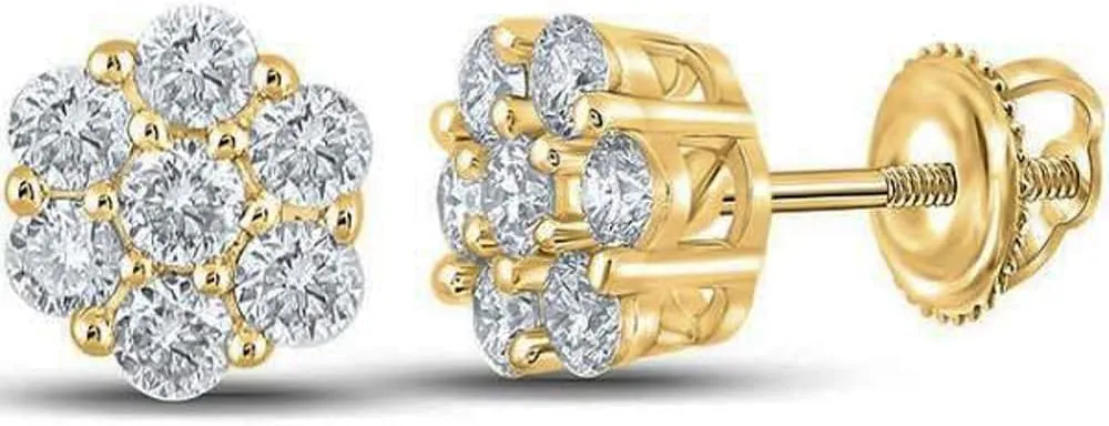 Brilliant Iced Cz 14K Yellow Gold Plated Sterling Silver Round Men's Women Elegant Flower Cluster Cz Unisex Circle Stud Hip Hop Hypoallergenic Screw Back Earrings