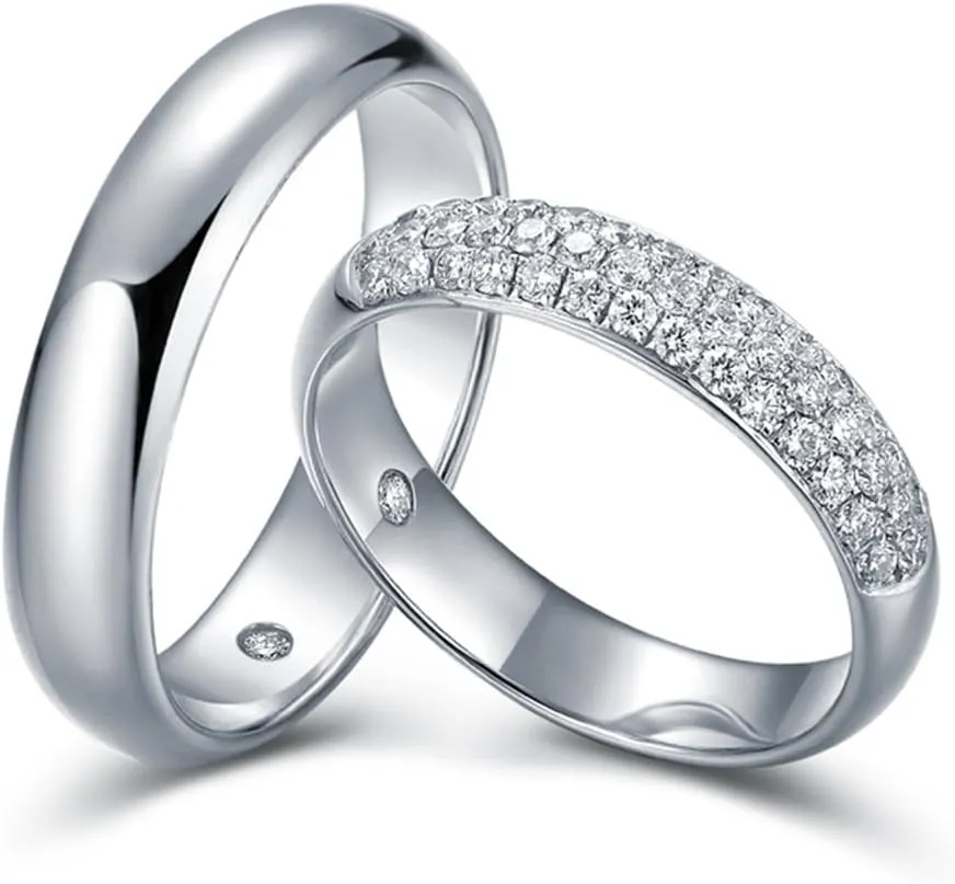 Brilliant Real Natural Diamond 14K Solid White Gold Wedding Engagement Promise Couple Band Ring Set(0.21cttw, G-H Color, VS-SI1 Clarity)