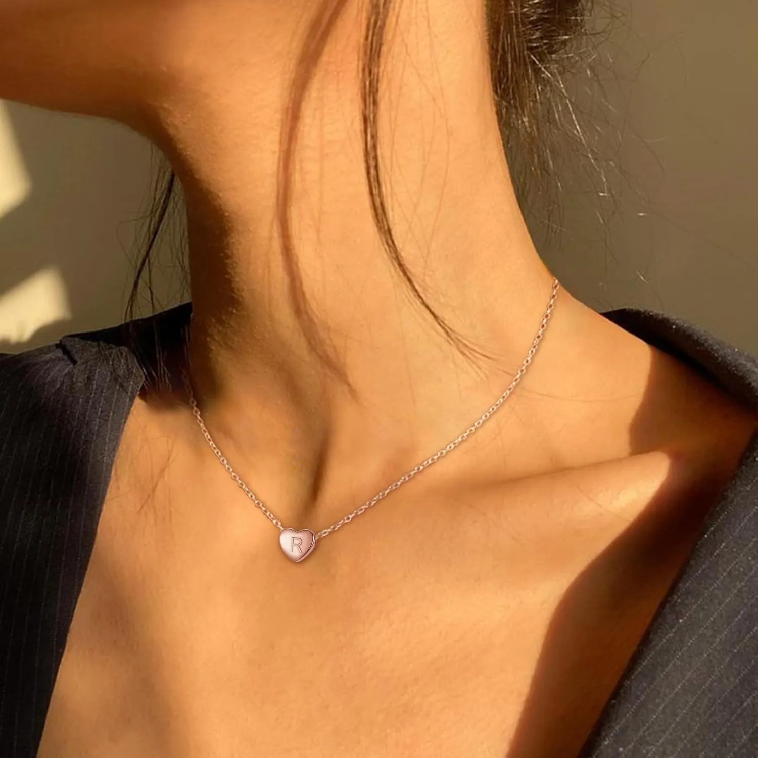 BriLove Personalized 925 Sterling Silver Dainty Small Tiny Initial Heart Pendant Choker Necklace Gift for Women Mothers Day/Valentines Day/Birthday/Christmas/Anniversary Rose-Gold-Toned