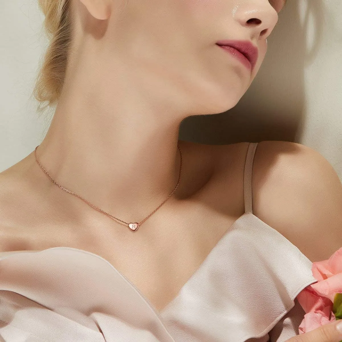 BriLove Personalized 925 Sterling Silver Dainty Small Tiny Initial Heart Pendant Choker Necklace Gift for Women Mothers Day/Valentines Day/Birthday/Christmas/Anniversary Rose-Gold-Toned