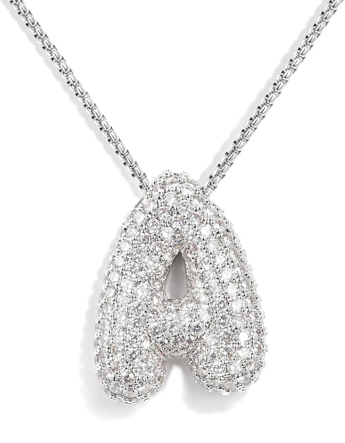 Bubble Letter Necklace, 14k Gold/Silver Balloon Initial Diamond Pendant Chain Necklace Dainty Pave Jewelry Gift for Women