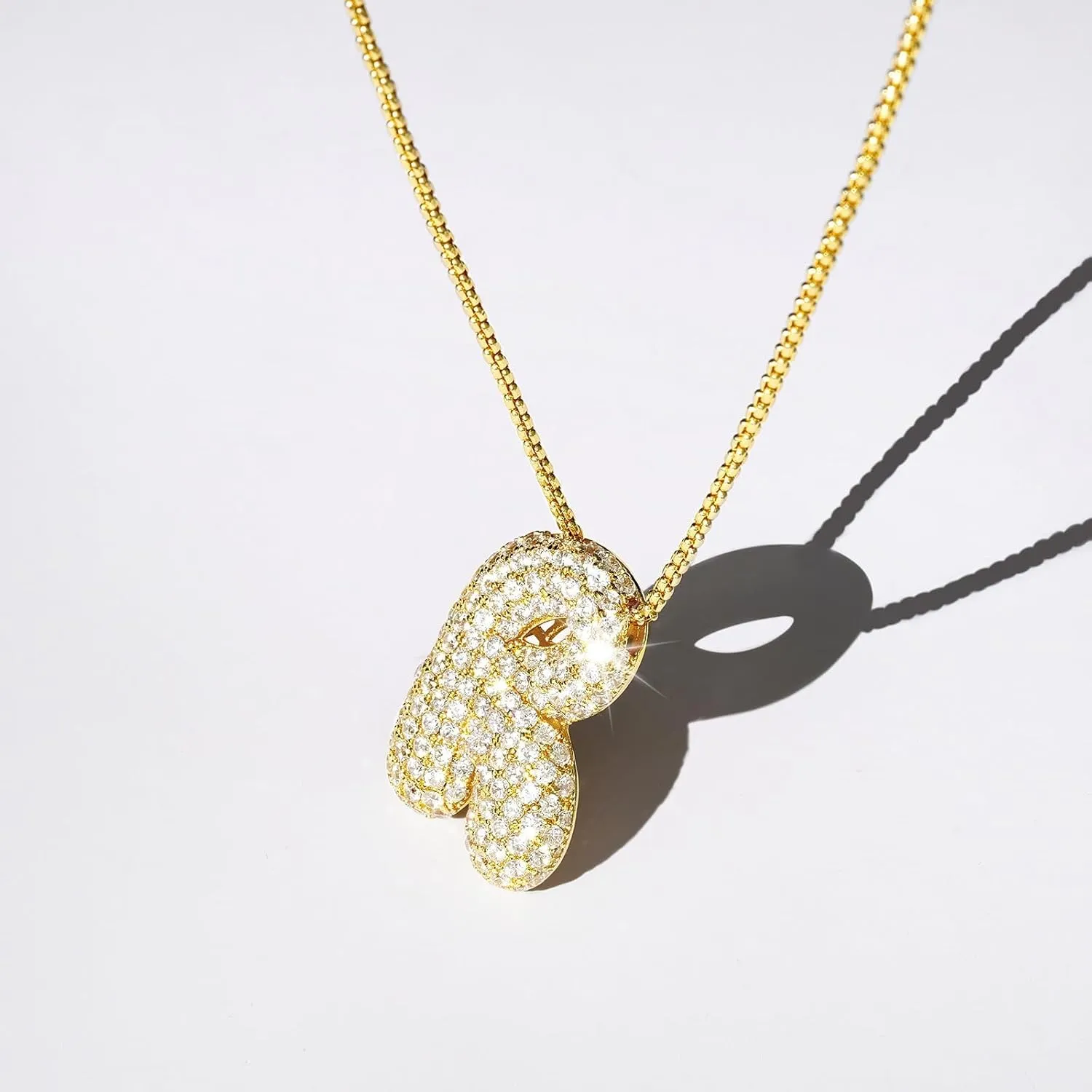 Bubble Letter Necklace, 14k Gold/Silver Balloon Initial Diamond Pendant Chain Necklace Dainty Pave Jewelry Gift for Women