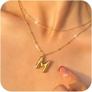 Bubble Letter Necklace Gold for Women, 18k Gold Bubble Initial Necklaces for Women Trendy Chunky Balloon Letter Bubble Name Initial Pendant Necklace Dainty Layered Gold Plated Jewelry