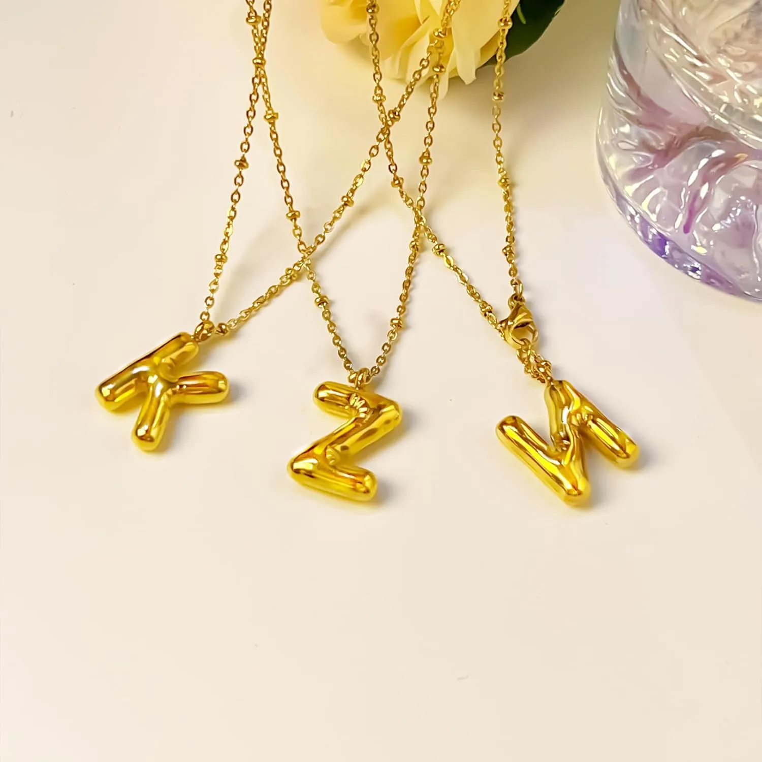 Bubble Letter Necklace Gold for Women, 18k Gold Bubble Initial Necklaces for Women Trendy Chunky Balloon Letter Bubble Name Initial Pendant Necklace Dainty Layered Gold Plated Jewelry