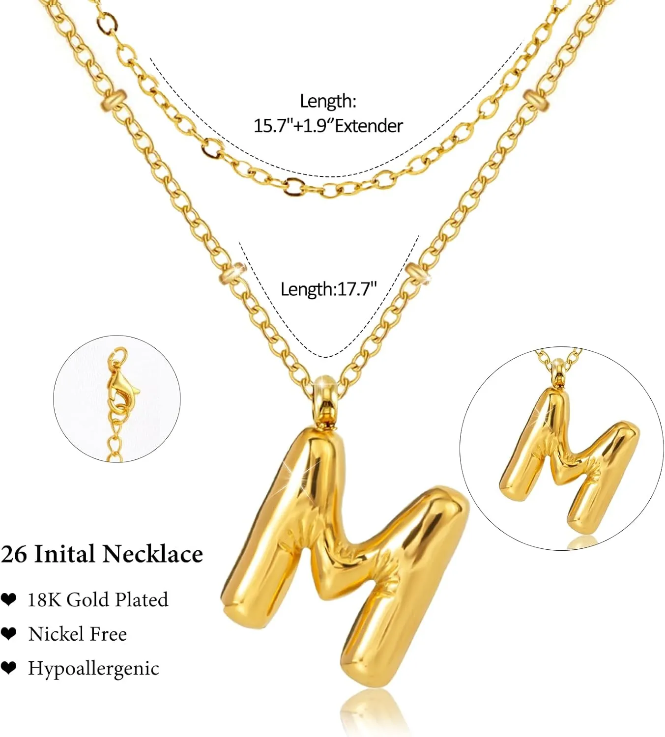 Bubble Letter Necklace Gold for Women, 18k Gold Bubble Initial Necklaces for Women Trendy Chunky Balloon Letter Bubble Name Initial Pendant Necklace Dainty Layered Gold Plated Jewelry