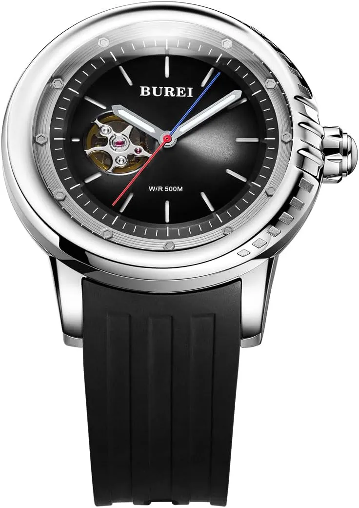BUREI Automatic Dive Watch Sapphire Glass Wrist Watch Men's 500m Waterproof Watch with Rubber StrapLuminous Hands and Markers