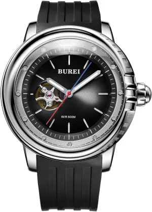 BUREI Automatic Dive Watch Sapphire Glass Wrist Watch Men's 500m Waterproof Watch with Rubber StrapLuminous Hands and Markers